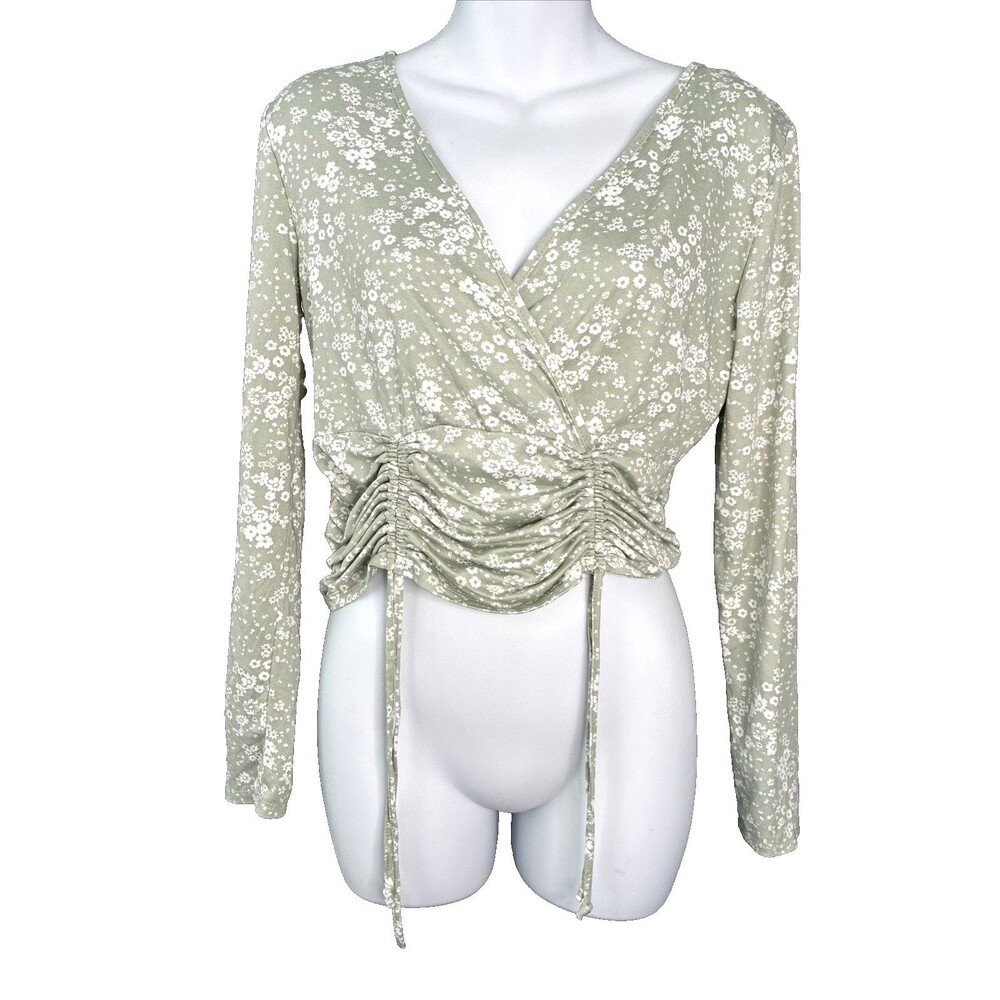 No Boundaries Ruched Top Jrs Large Sage Green Floral Romantic Cottage Fairy NoBo